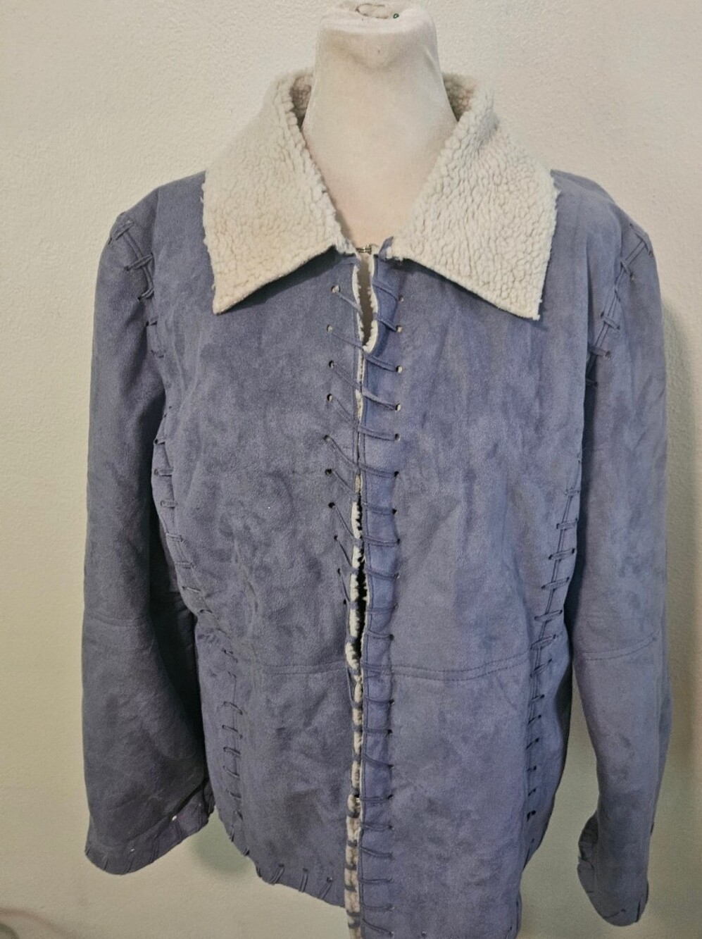 Mechant Women's Shearling Collar  Faux Suede Jacket Light Blue Small Y2K 90S